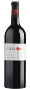 A bottle of Domaine Pierre Fil Heledus Minervois red wine with a clean white label featuring a red PF logo, isolated on a white background.
