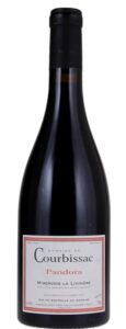 A bottle of Domaine de Courbissac Pandora Minervois La Livinière red wine with a white label featuring delicate red borders, set against a plain white background.