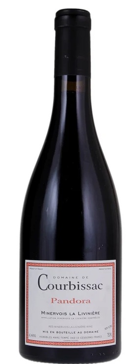 A bottle of Domaine de Courbissac Pandora Minervois La Livinière red wine with a white label featuring delicate red borders, set against a plain white background.