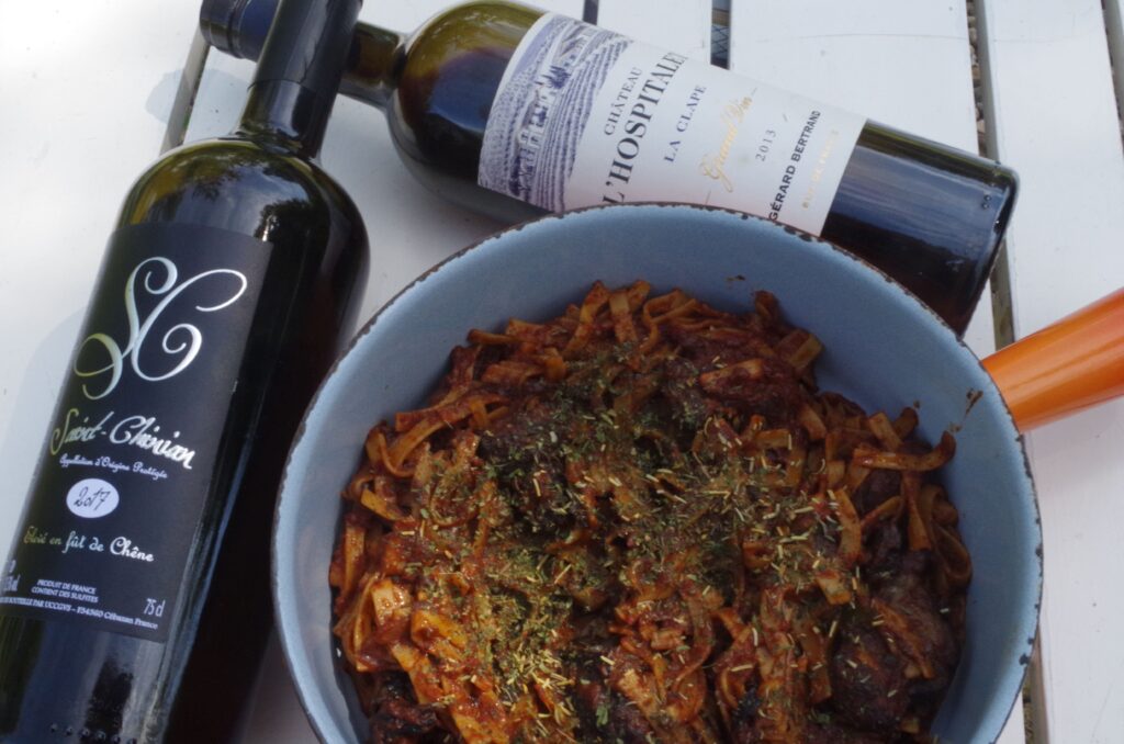 French wines from Languedoc Roussillon paired with a typical beef stew, tomato sauce and pasta.