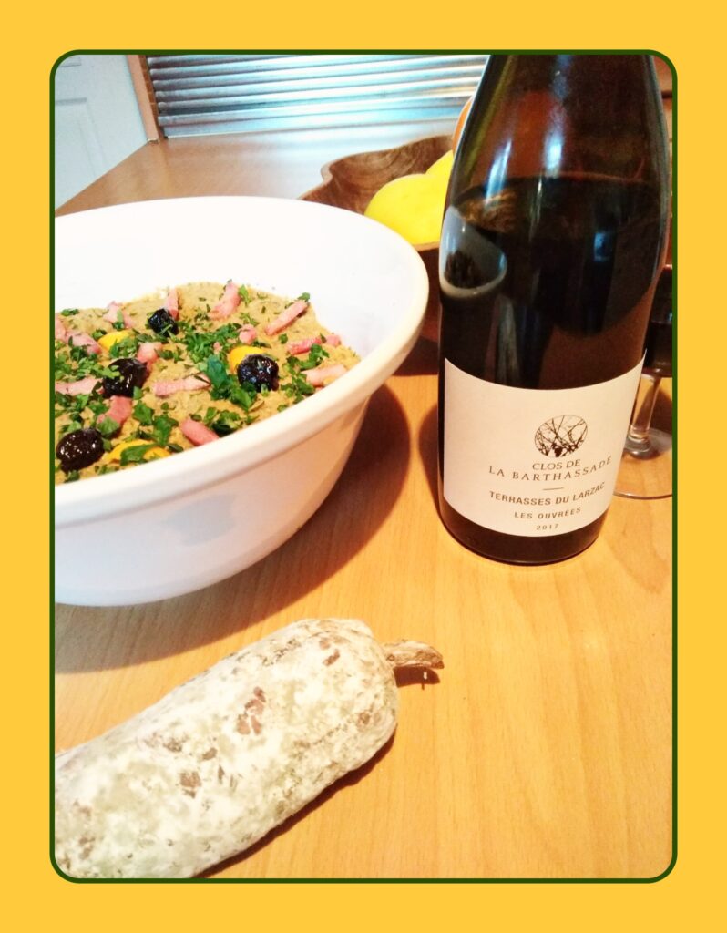 Lentils cream, bacon and shallots with a reduced wine sauce. Dish paired along with a Terrasses Du Larzac wine C.D.O.