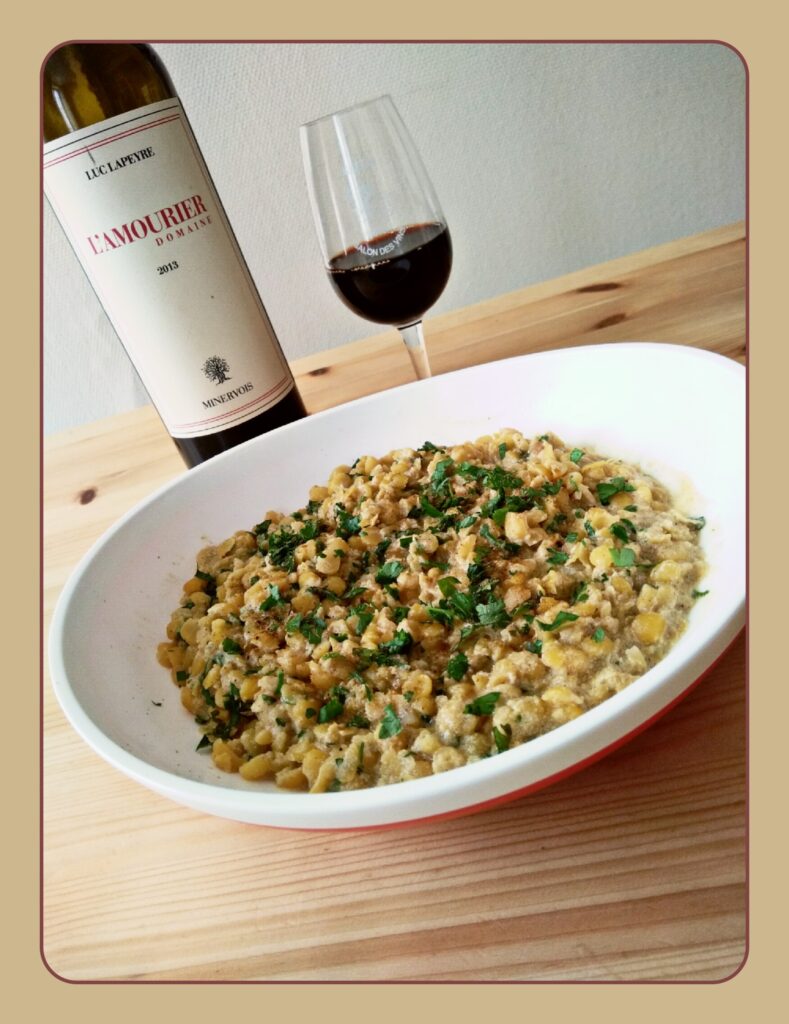 Lentils with spices cooked the Indian way along with a red white Minervois C.D.O.
