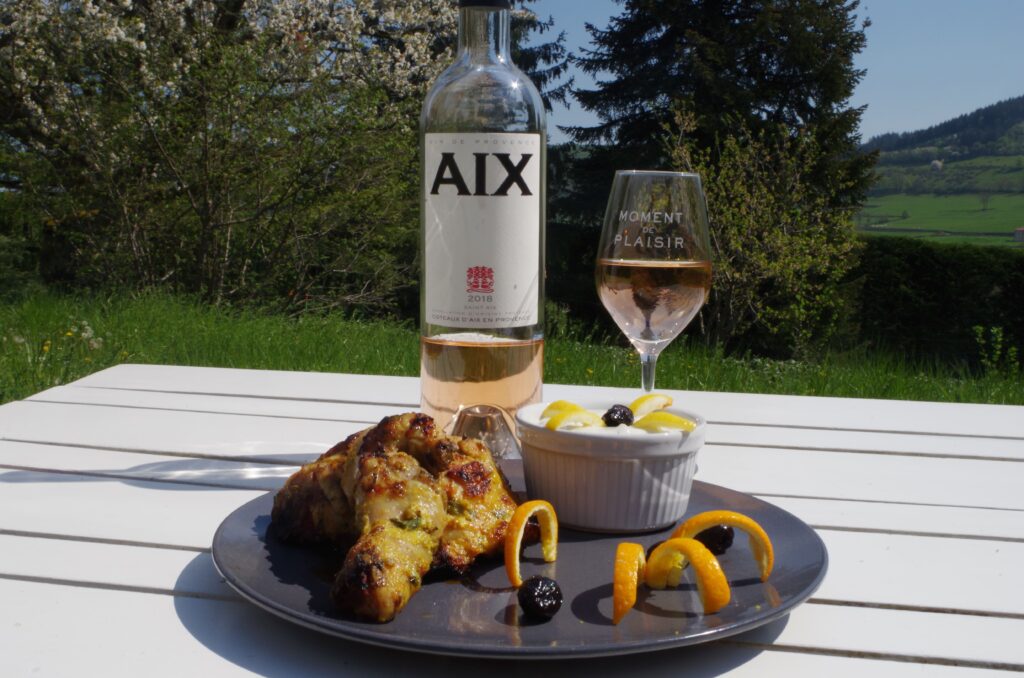 Cristalised lemon flavoured chicken BBQ with a Tzatziki sauce paired along with a Rosé from Côteaux D'Aix en Provence C.D.O.