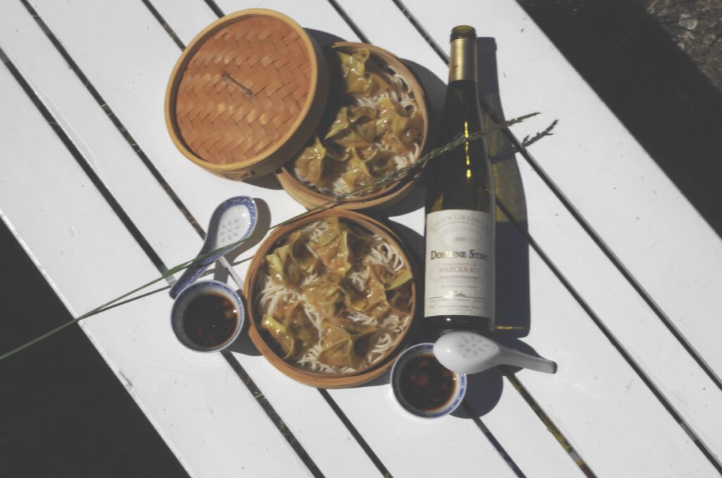 Chinese dumplings paired with a Gewurztraminer C.D.O from Alsace, France.