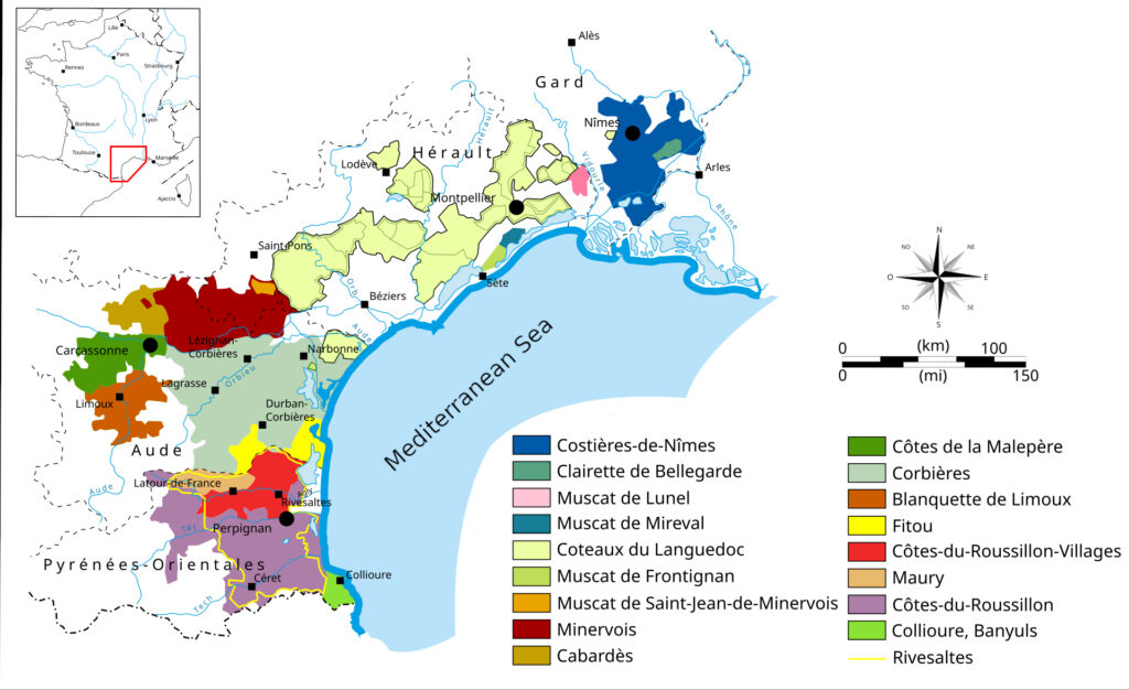 Languedoc Roussillon map with all the Controlled. Designation. of Origins displayed.