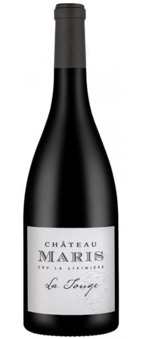 Bottle of Château Maris La Touge Minervois red wine, a French wine pairing for lamb with sauce.