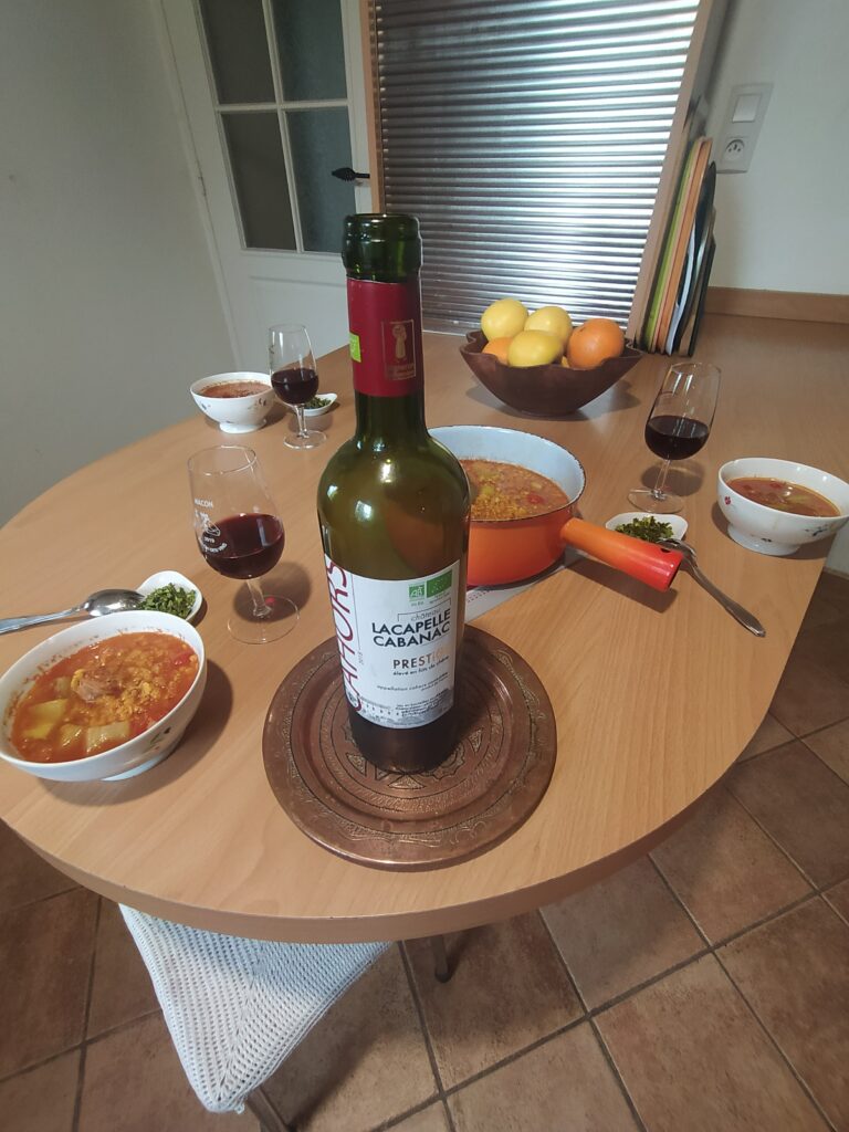 Chorizo and corral lentils soup paired along with a Cahors C.D.O