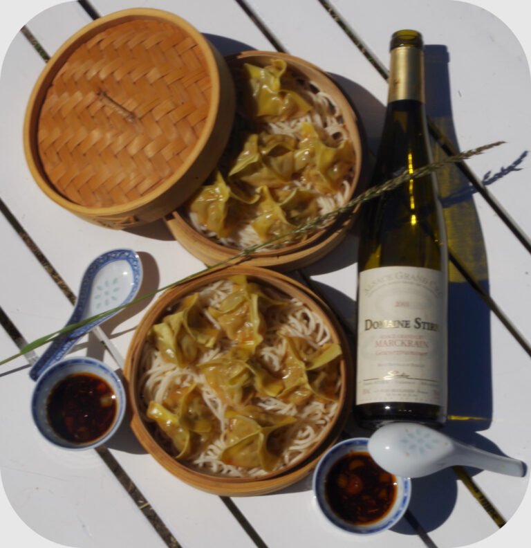 Chinese dumplings paired with a Gewurztraminer C.D.O from Alsace, France.