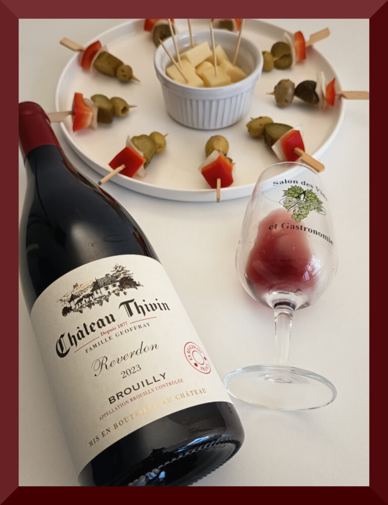 An iconic Beaujolais wine from Chateau Thivin paired with vegetables skewers