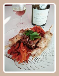 Wine pairing with Saint Veran Burgundy C.D.O and monkfish skewers with ginger