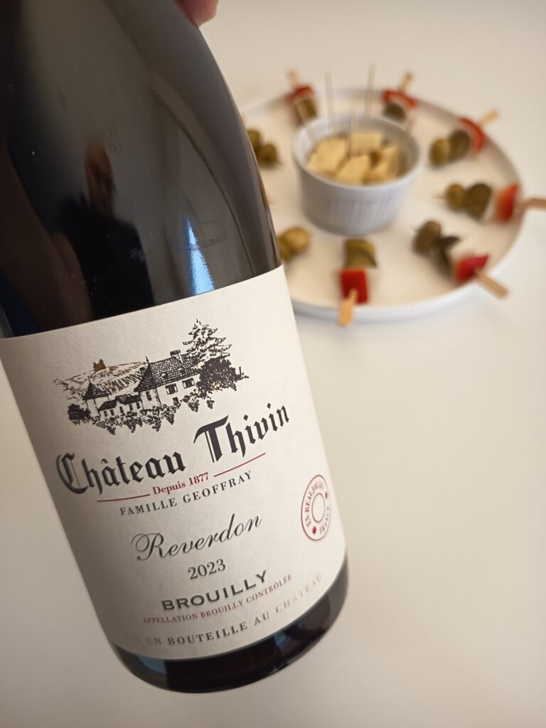 Reverdon Cuvée from Château Thivin with a Brouilly C.D.O paired with aperitif skewers.