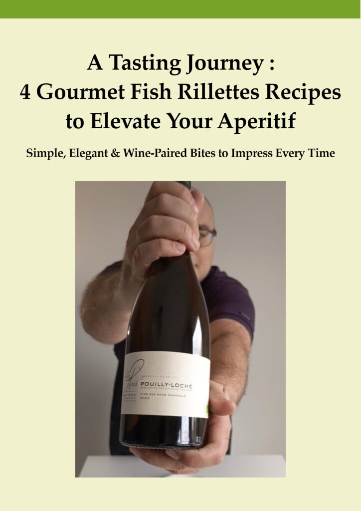 Easy gourmet aperitif ideas with fish spread. Cover of the lead magnet for emailing subscription, with free recipes for fish rillettes