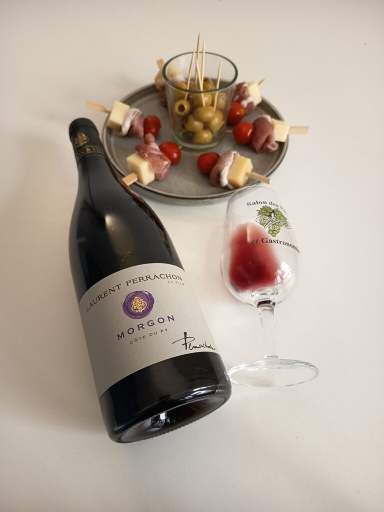 Laurent Perrachon Morgon Côte du Py Beaujolais wine with delicatessen and cheese skewers