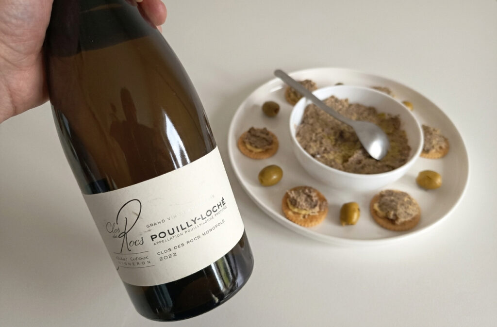 Easy gourmet aperitif ideas with fish spread. Pouilly Loché SouthBurgundy Chardoanny from Clos Des Rocs winery paired with Sardines Rillettes.
