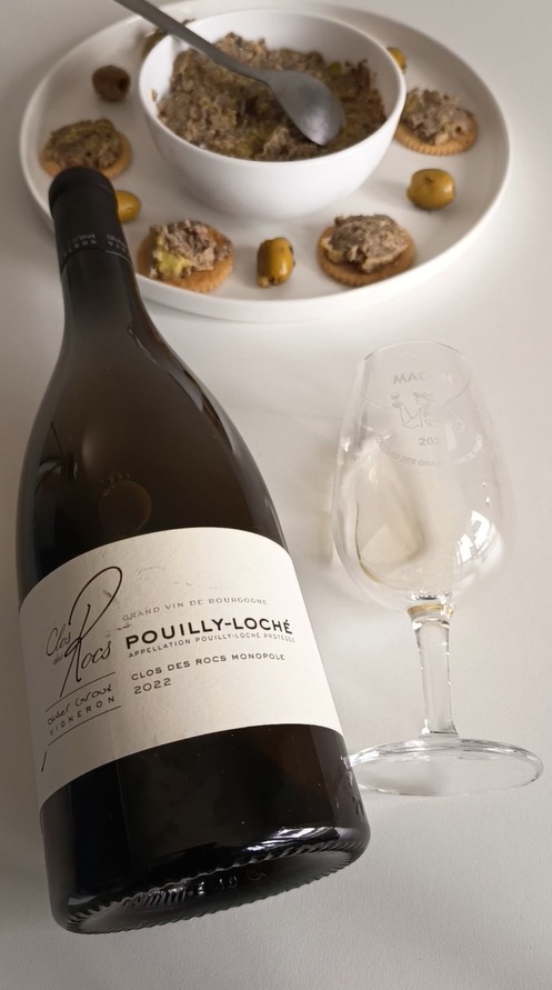 Easy gourmet aperitif ideas with fish spread. Sardines rillettes paired with a Pouilly Loché from Clos Des Rocs winery