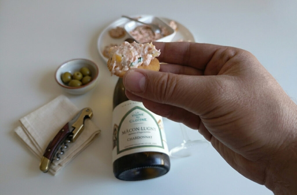 Easy gourmet aperitif ideas with fish spread. Salmon RIllettes paired with a South Burgundy chardonnay from La Cave De Lugny