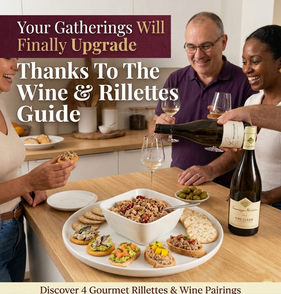 A group of happy friends sharing a gourmet aperitif with French white wine and a variety of fish rillettes on crackers and baguette slices in a bright kitchen.