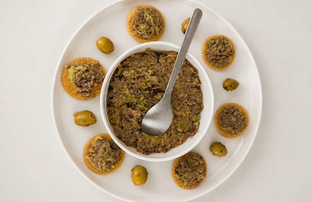 Homemade sardine rillette appetizer with green olives, capers, sweet pepper, spring onions, and crackers served on a white plate in a top-down food photography style.