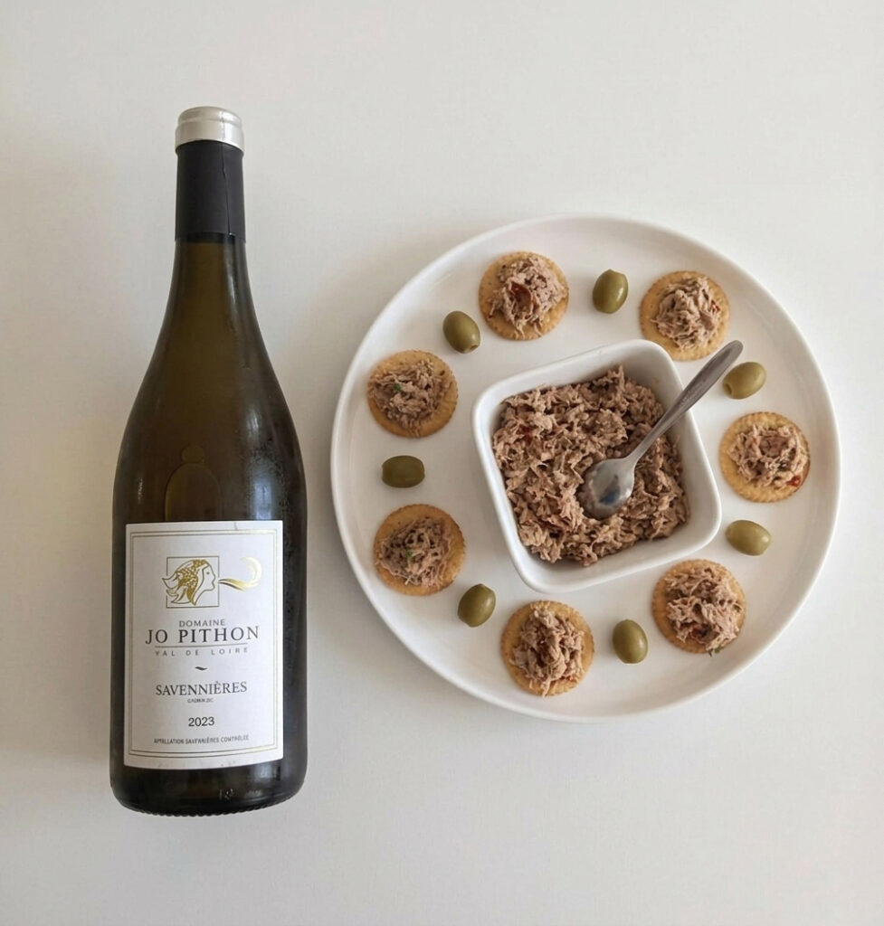 Savennieres white wine and gourmet tuna rillettes appetizers on a white platter.