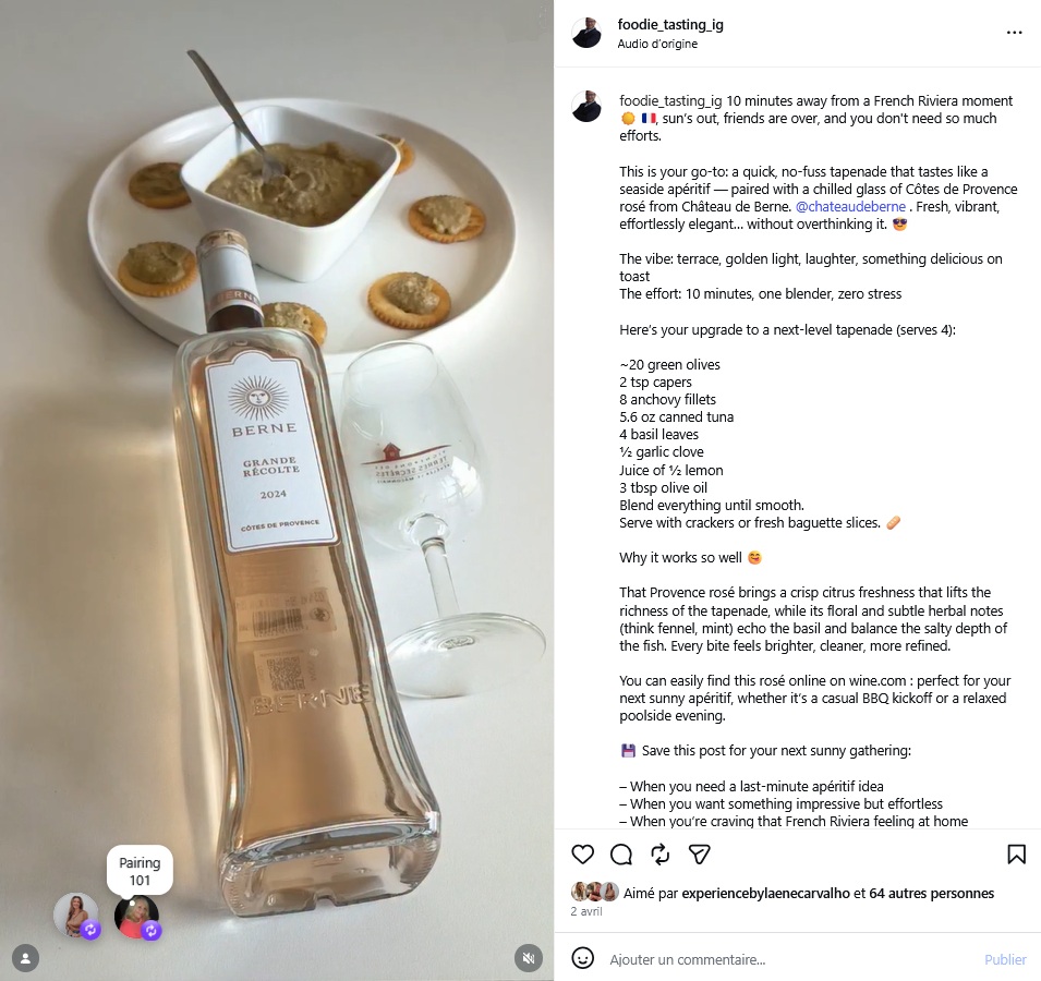 Provence rosé wine paired with olive and tuna tapenade appetizer served with crackers, French rosé food pairing idea for summer entertaining and aperitif occasions.