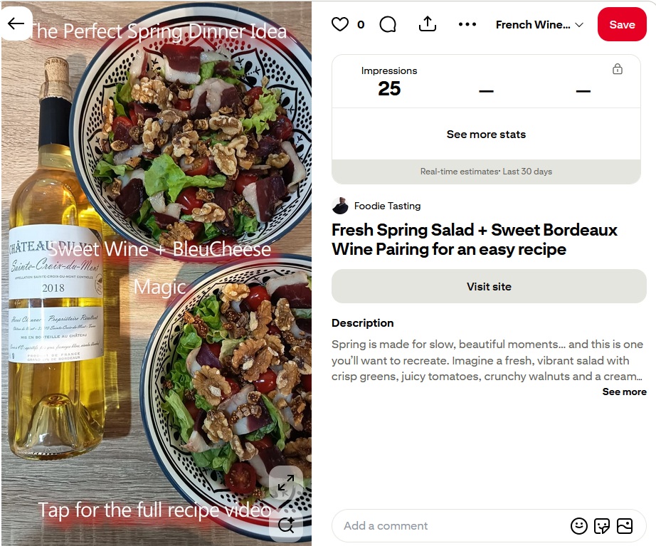 Fresh spring salad with walnuts, tomatoes and blue cheese paired with sweet Bordeaux wine, French wine and food pairing idea for spring entertaining.