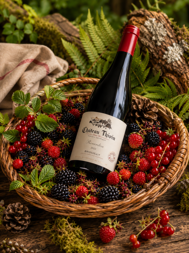Château Thivin Brouilly 2023 Beaujolais red wine bottle displayed in a rustic wicker basket filled with wild strawberries, blackberries and red currants on a woodland-inspired table.