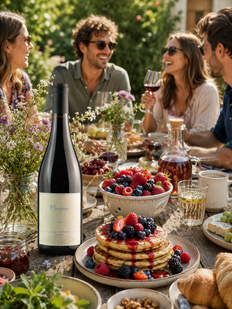 Bottle of Fleurie Beaujolais Cru red wine served at an outdoor American brunch with berry pancakes, fresh berries and wildflowers on a rustic garden table.