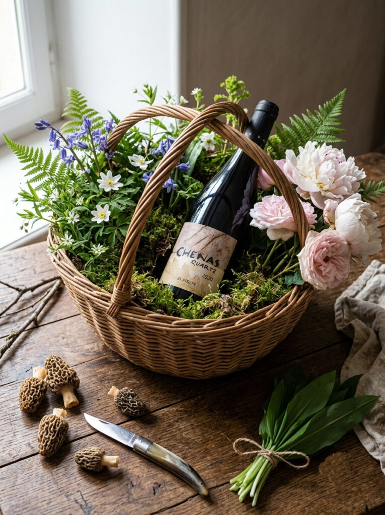 Bottle of D. Piron Chenas Quartz wine in a rustic wicker basket with spring florals, fresh morel mushrooms, wild garlic, and a pocket knife on a wooden table. Cru Beaujolais.