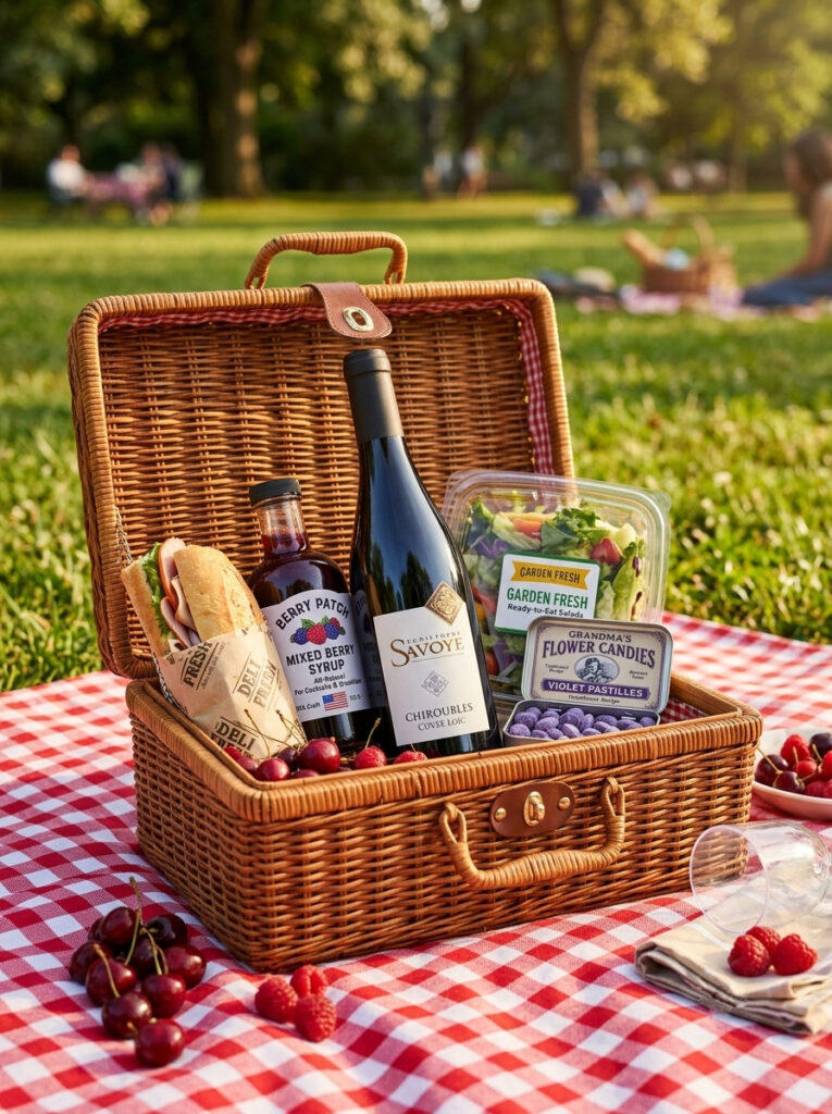 Bottle of Christophe Savoye Chiroubles red wine in a classic wicker picnic basket on a red gingham blanket, paired with a deli sandwich, berry syrup, and violet candies in a sunny park.