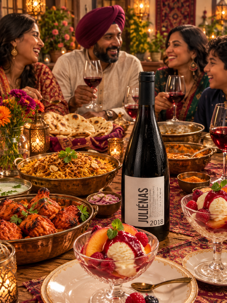 Bottle of Juliénas Beaujolais Cru served with spicy Indian food, naan, chicken tikka, lamb biryani and Peach Melba dessert during a family dinner.