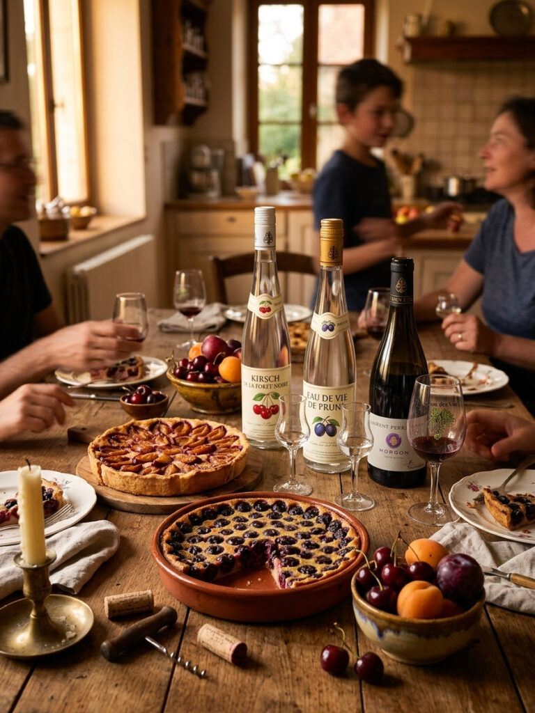 Morgon Beaujolais wine served with homemade cherry and plum tarts during a cozy French family gathering around a rustic wooden table.