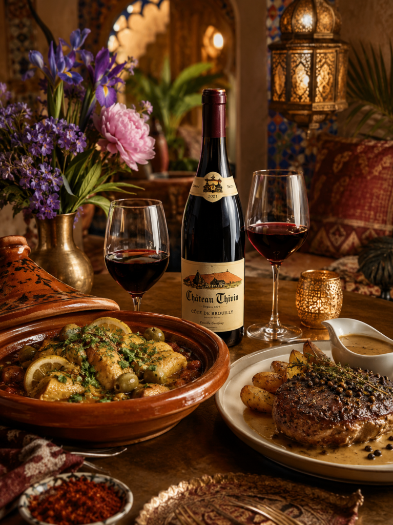 Bottle of Château Thivin Côte de Brouilly beside a chicken tagine and pepper steak on a warm spice-inspired dinner table with subtle violet, iris, and peony flowers.