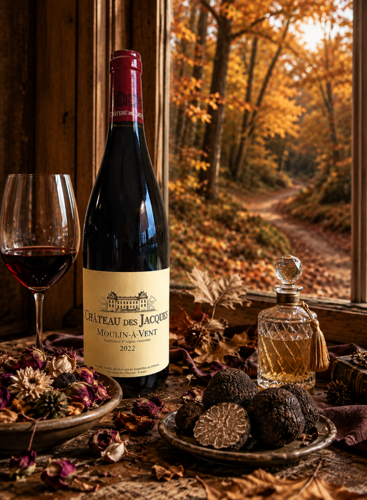 Bottle of Château des Jacques Moulin-à-Vent beside dried floral potpourri, perfume bottle and black truffles on a rustic table with an autumn forest visible through the window.