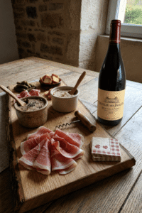 A bottle of Château des Jacques Moulin-à-Vent 2022 red wine next to a rustic wooden charcuterie board featuring sliced prosciutto, two jars of pâté, cornichons, and toast points on a wooden table.