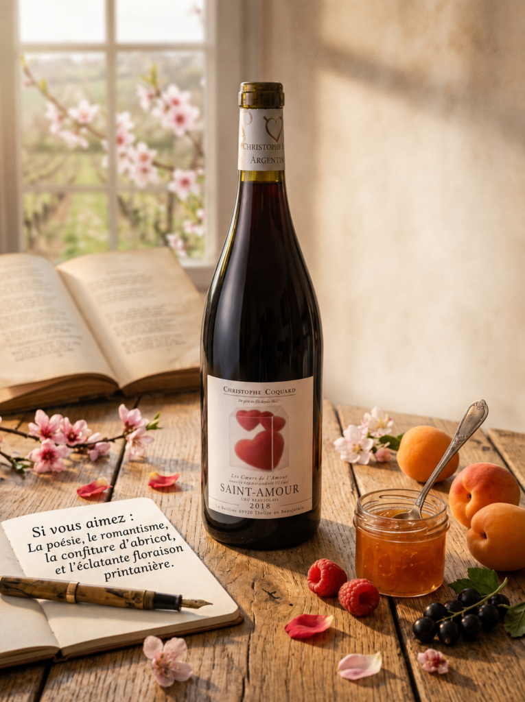 Bottle of Saint-Amour Cru Beaujolais surrounded by apricots, apricot jam, blossoms and an open book, illustrating the wine's romantic, floral and stone-fruit character.